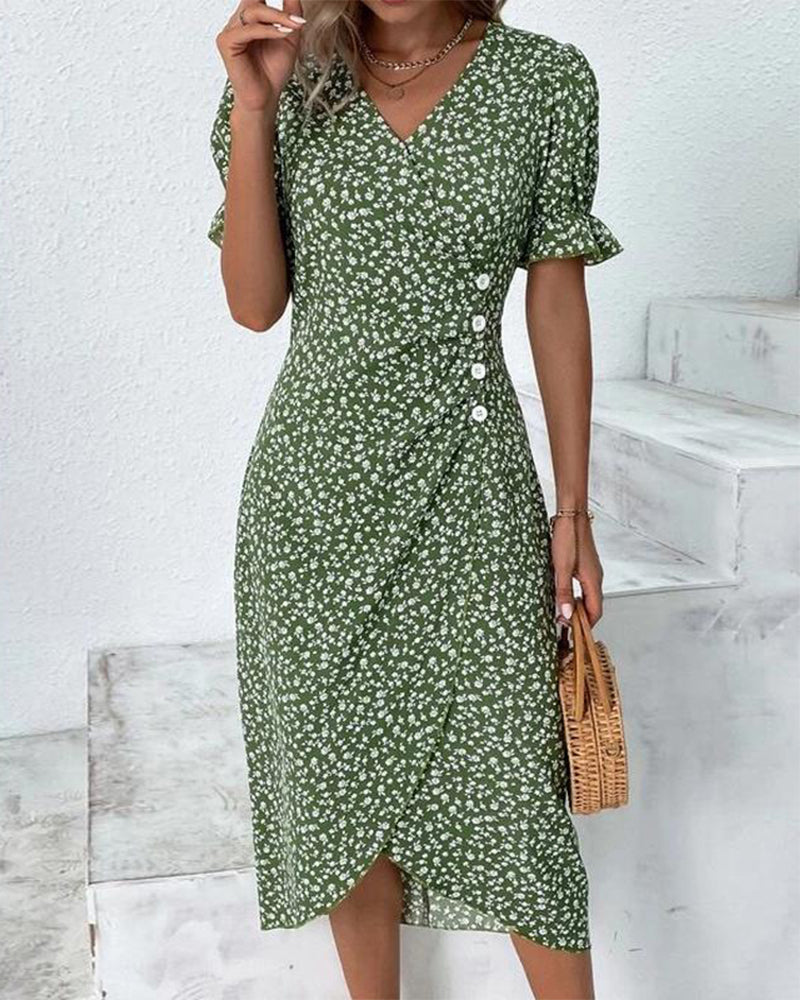 Modesta | Chic Floral Print V-Neck Wrap Dress