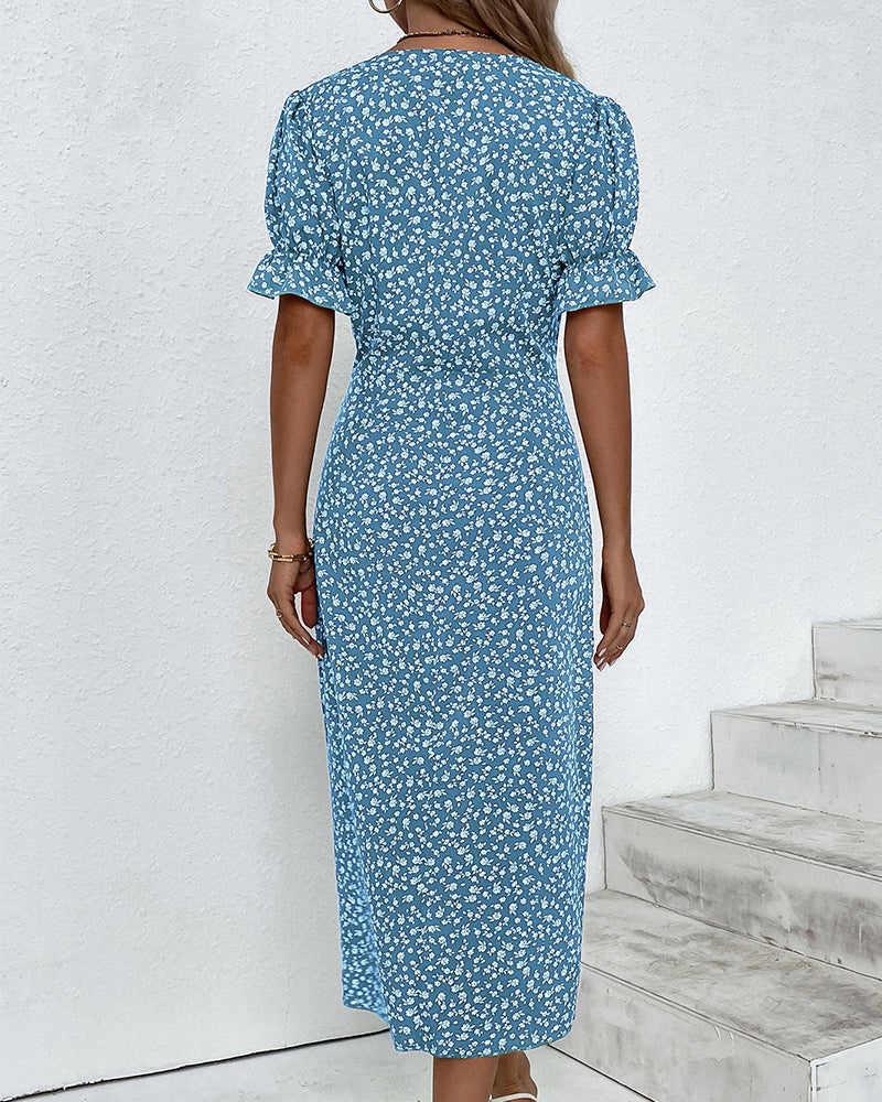 Modesta | Chic Floral Print V-Neck Wrap Dress