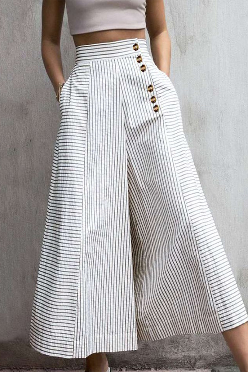 Brooke | High Waist Lightweight Cotton Blend Striped Leg Trousers with Pockets