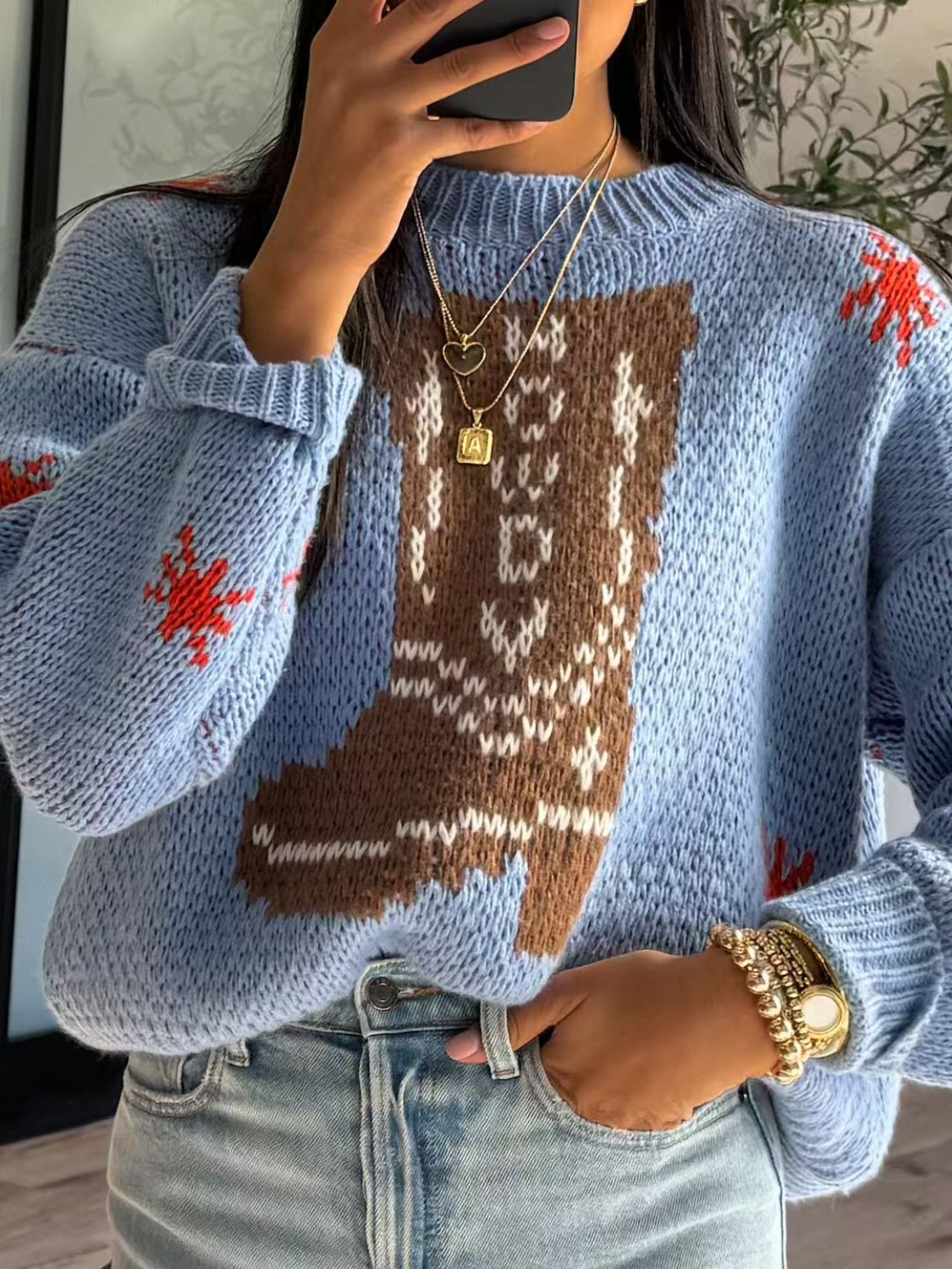 Alizah | Women's Boot Pattern Round Neck Winter Sweater