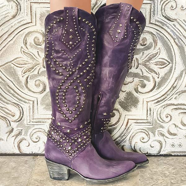 Eglantine | Edgy High Boots – Distressed Faux Leather – Rivet Detail – Thick Heel – Side Zipper