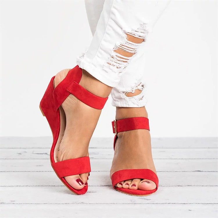 Annick | Women's Casual Wedge Sandals - Faux Leather - Open Toe - Ankle Strap