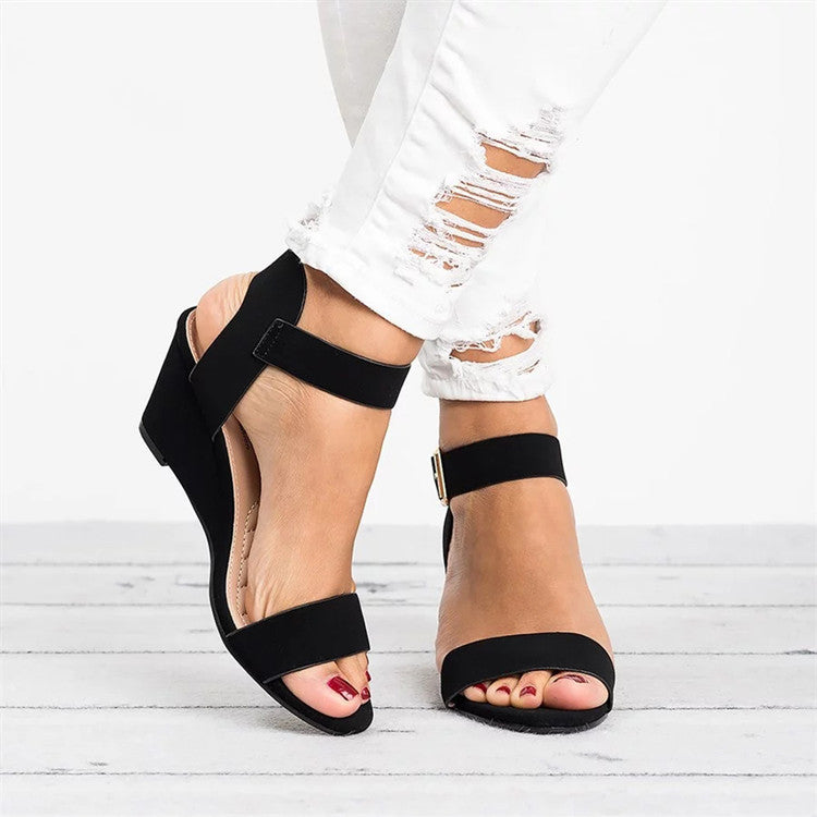 Annick | Women's Casual Wedge Sandals - Faux Leather - Open Toe - Ankle Strap