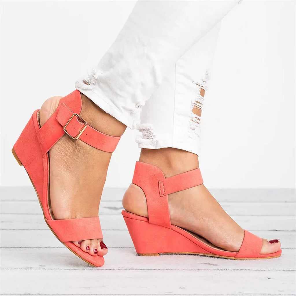 Annick | Women's Casual Wedge Sandals - Faux Leather - Open Toe - Ankle Strap