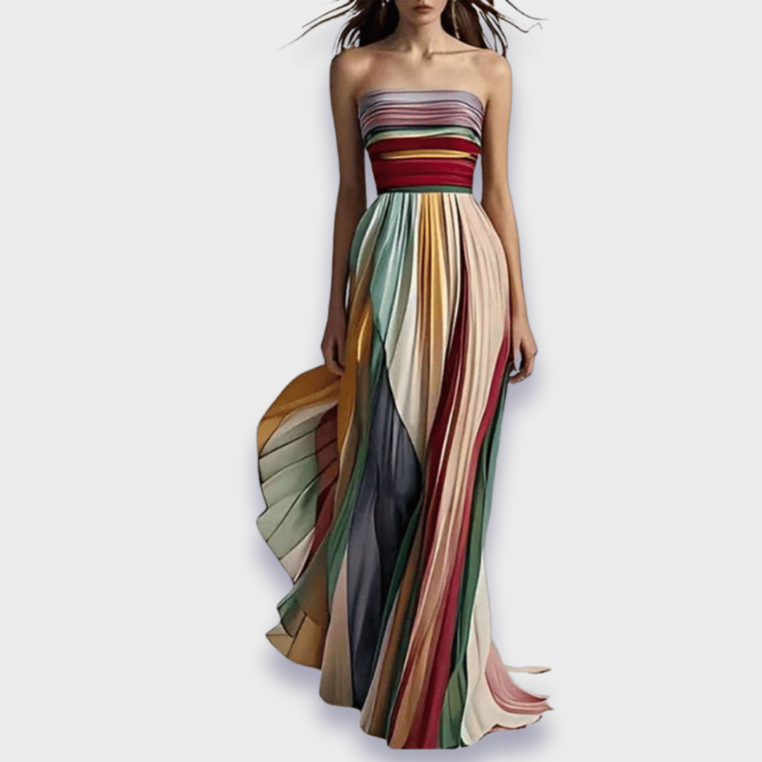 Nicola | Stunning Maxi Dress with Colorful Pleats and Off-Shoulder Style