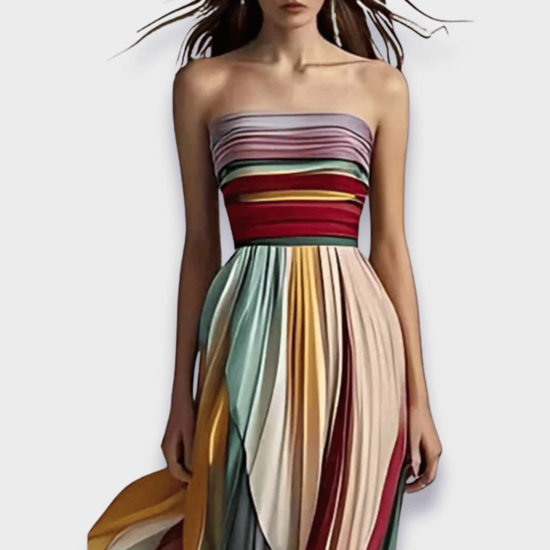 Nicola | Stunning Maxi Dress with Colorful Pleats and Off-Shoulder Style