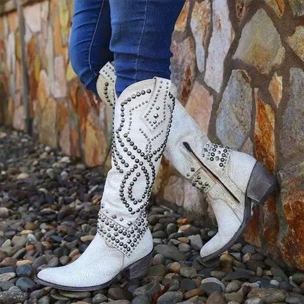 Eglantine | Edgy High Boots – Distressed Faux Leather – Rivet Detail – Thick Heel – Side Zipper