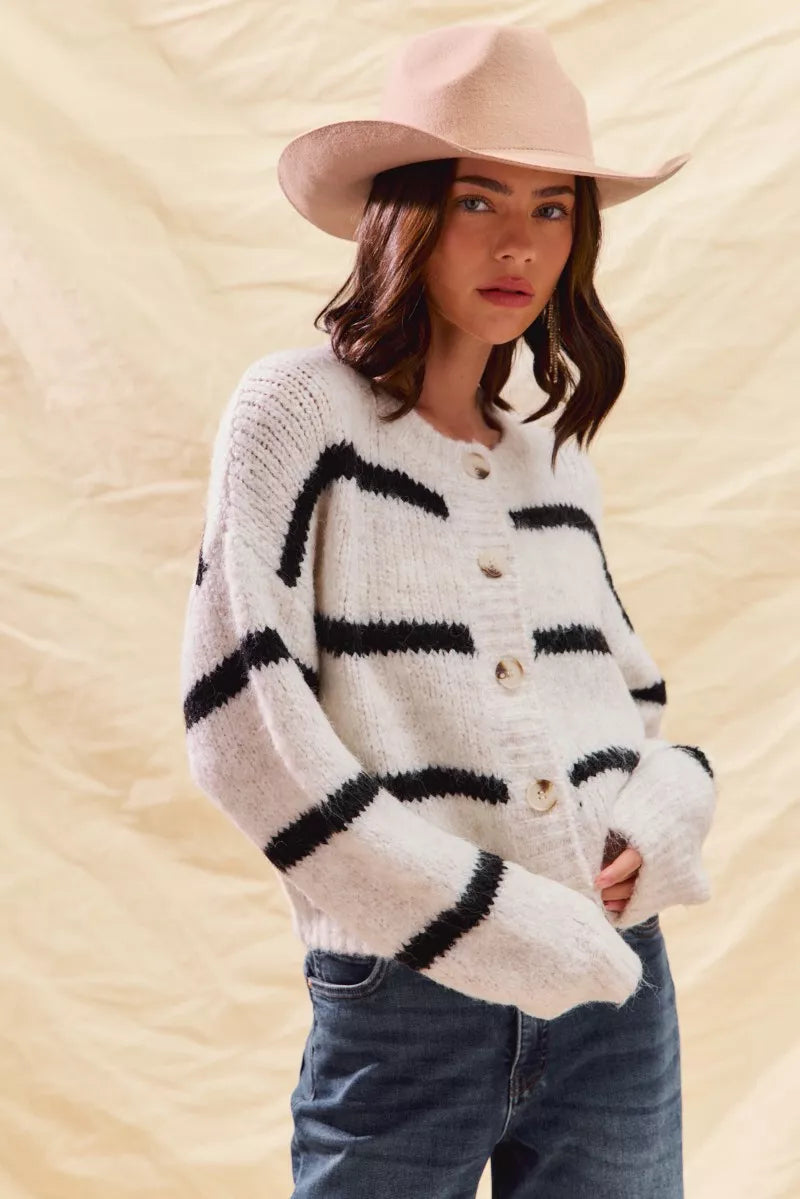 Alize | Women's Striped Button-Down Winter Cardigan