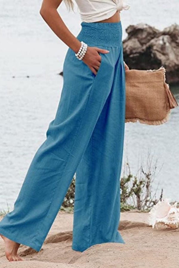 Caitlyn | High-Waisted Smocked Waist Trousers - Lightweight & Flowing Fit