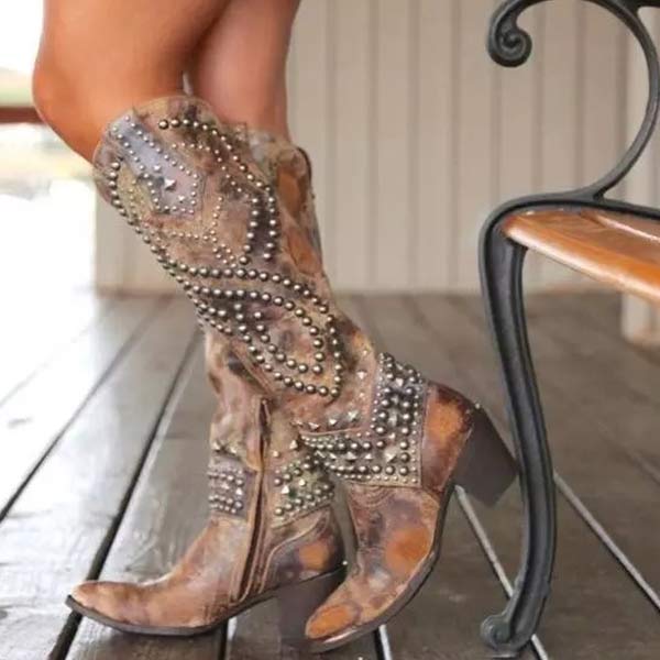 Eglantine | Edgy High Boots – Distressed Faux Leather – Rivet Detail – Thick Heel – Side Zipper