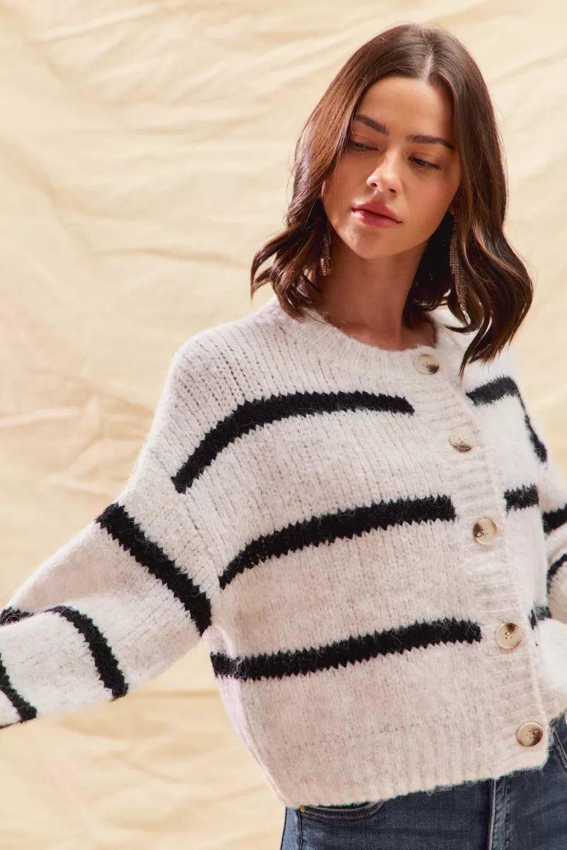 Alize | Women's Striped Button-Down Winter Cardigan