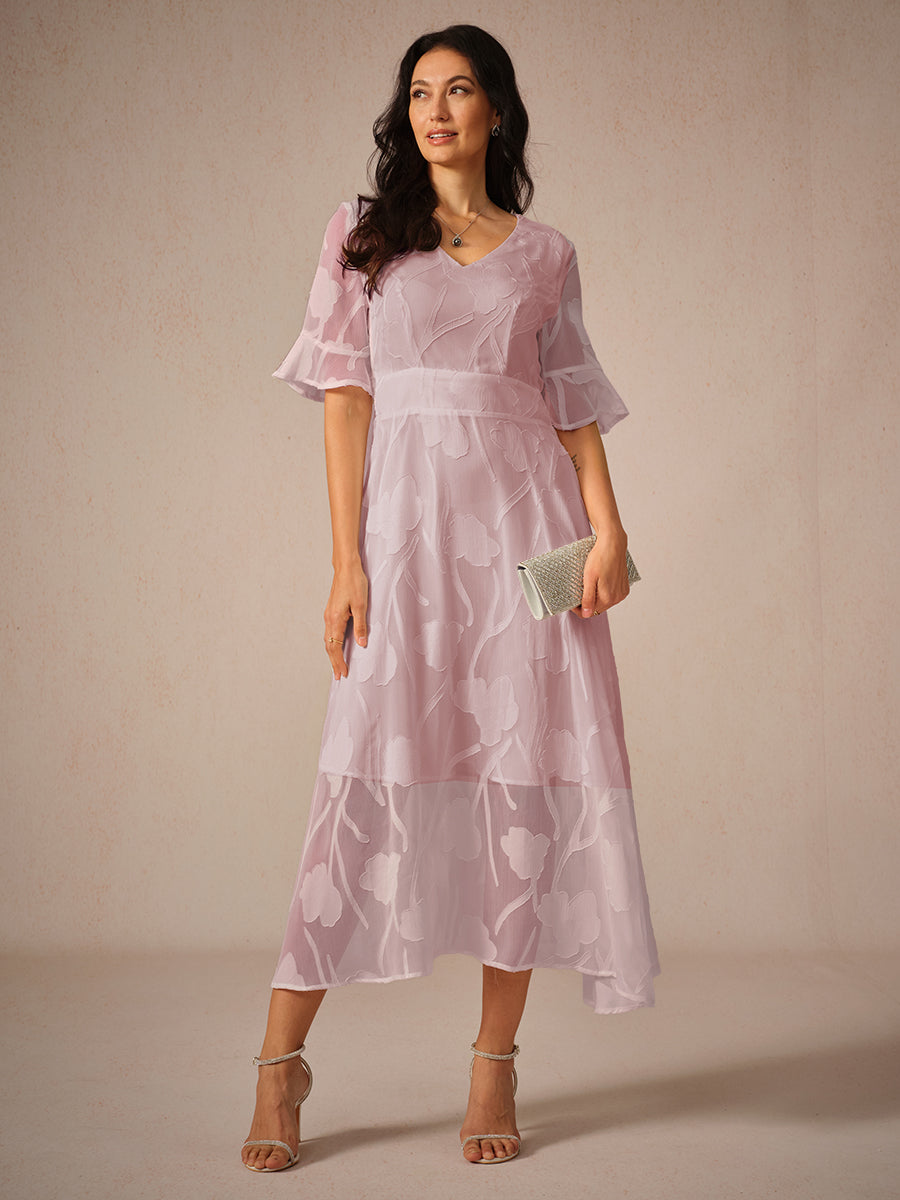 Miranda | Chic Midi Dress with Flutter Sleeves and Delicate Lace Accents