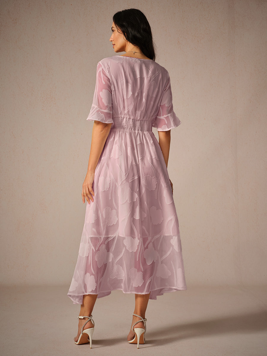 Miranda | Chic Midi Dress with Flutter Sleeves and Delicate Lace Accents