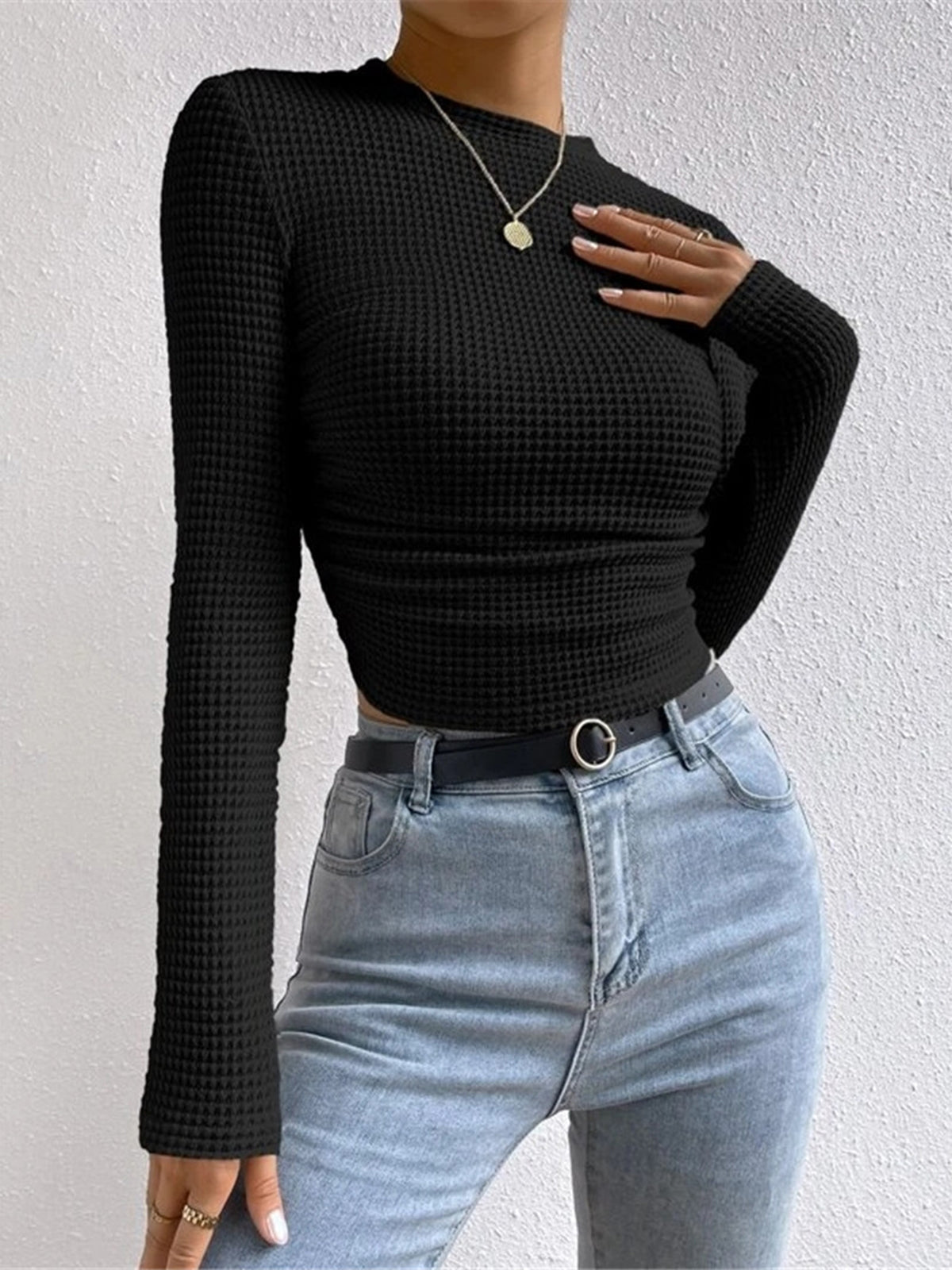 Ainsley | Women's Fitted Waffle Knit Long Sleeve Top