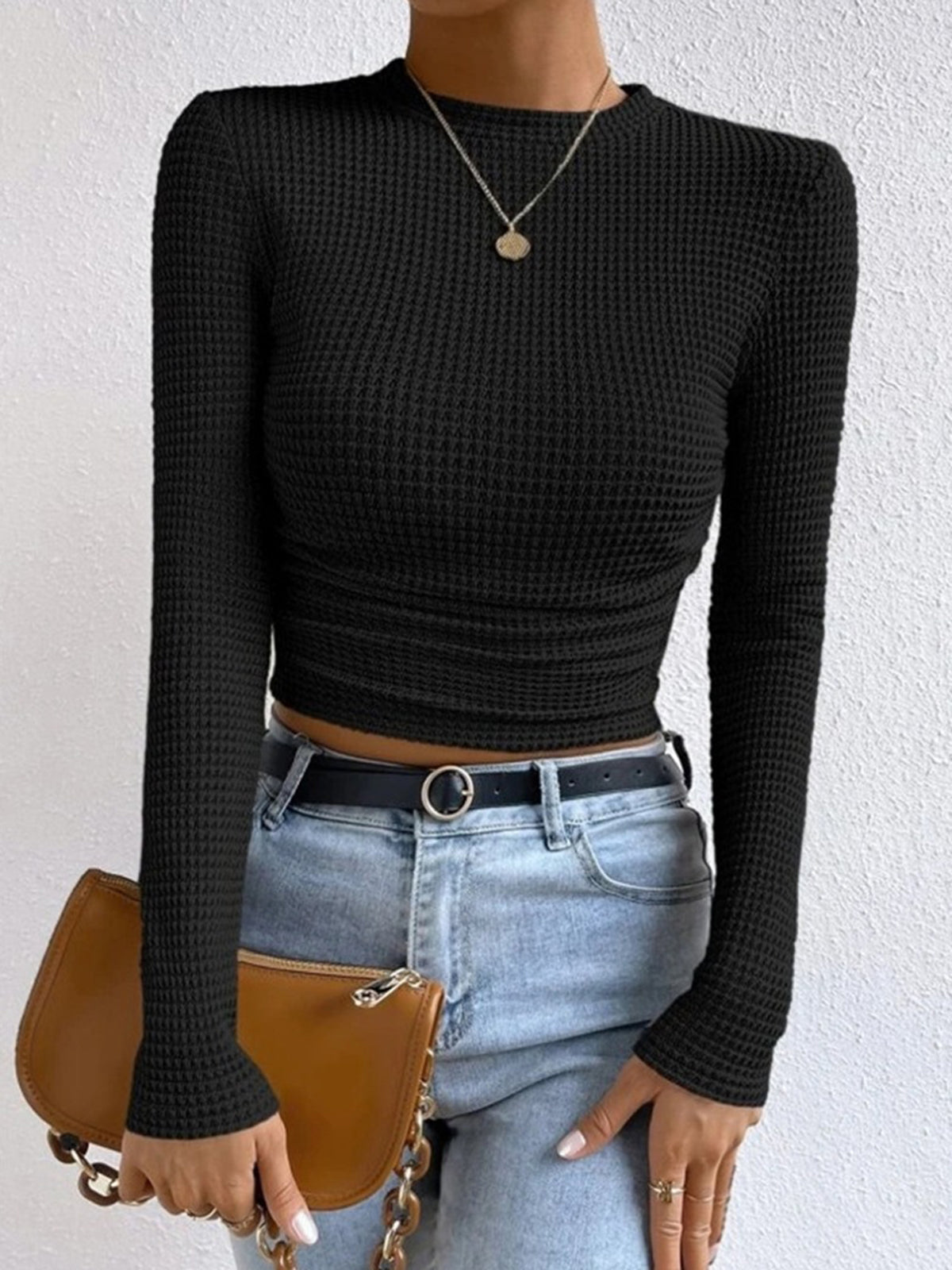 Ainsley | Women's Fitted Waffle Knit Long Sleeve Top