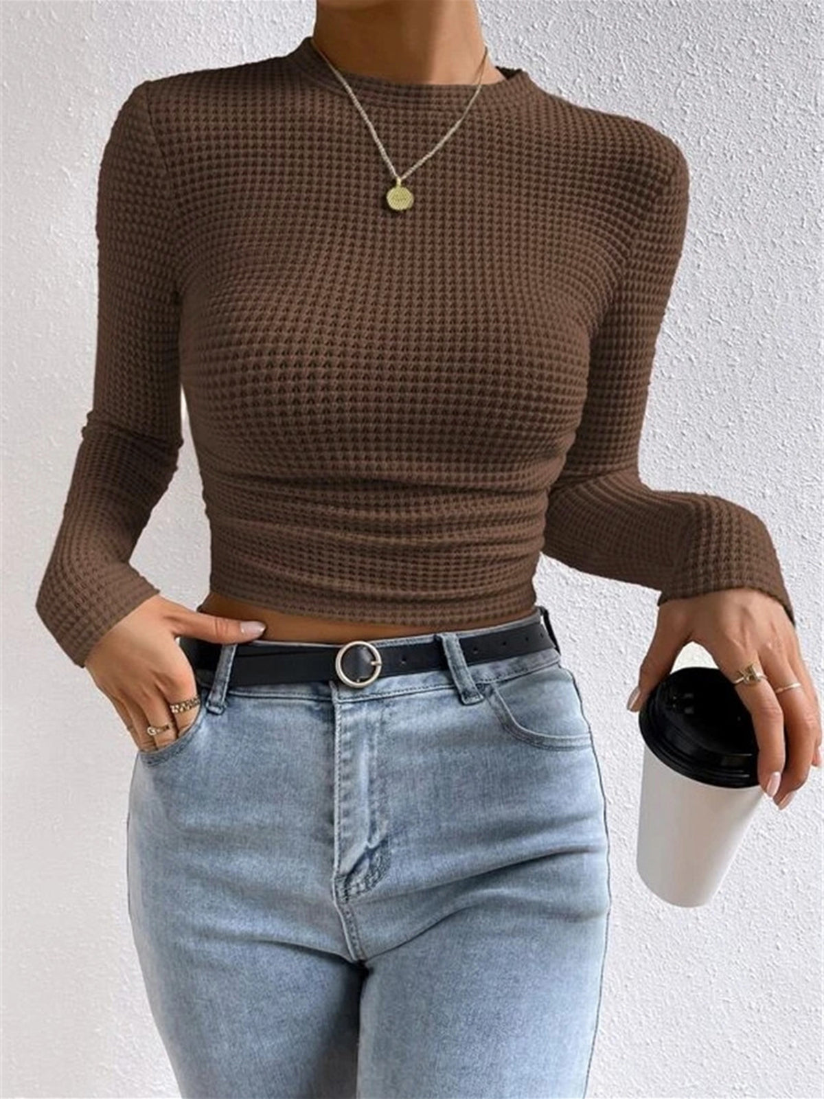 Ainsley | Women's Fitted Waffle Knit Long Sleeve Top