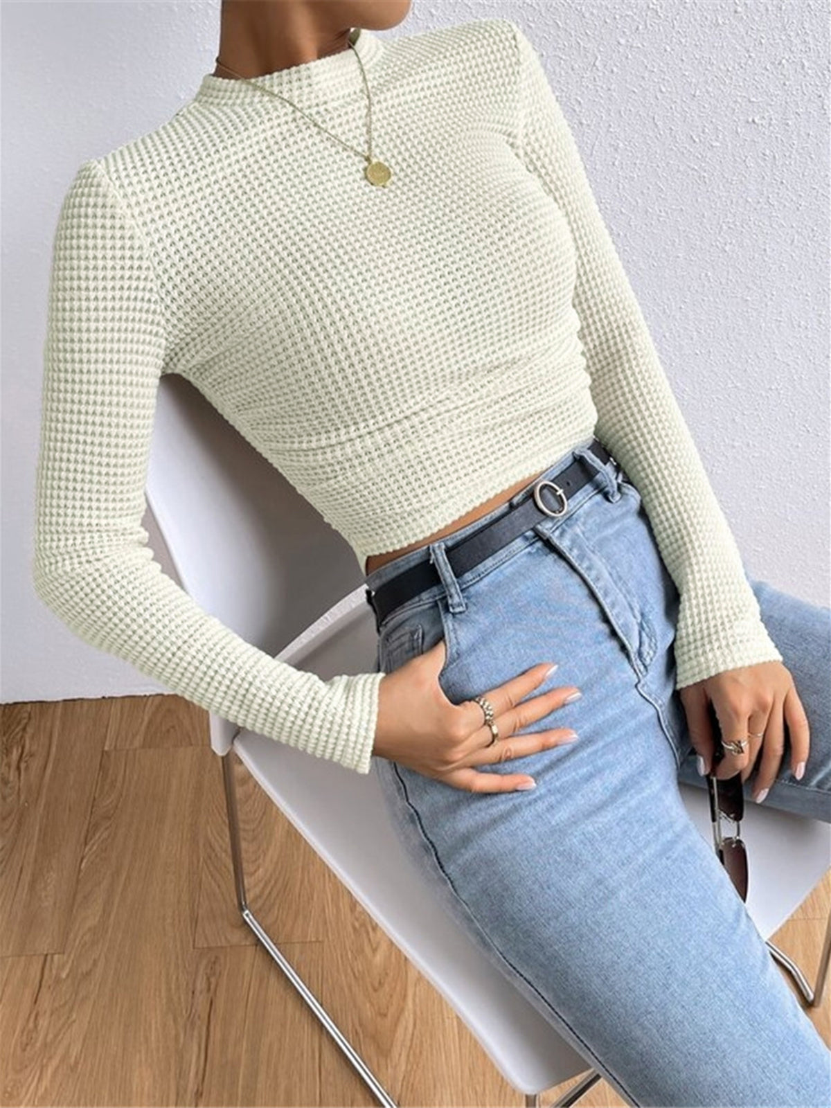 Ainsley | Women's Fitted Waffle Knit Long Sleeve Top