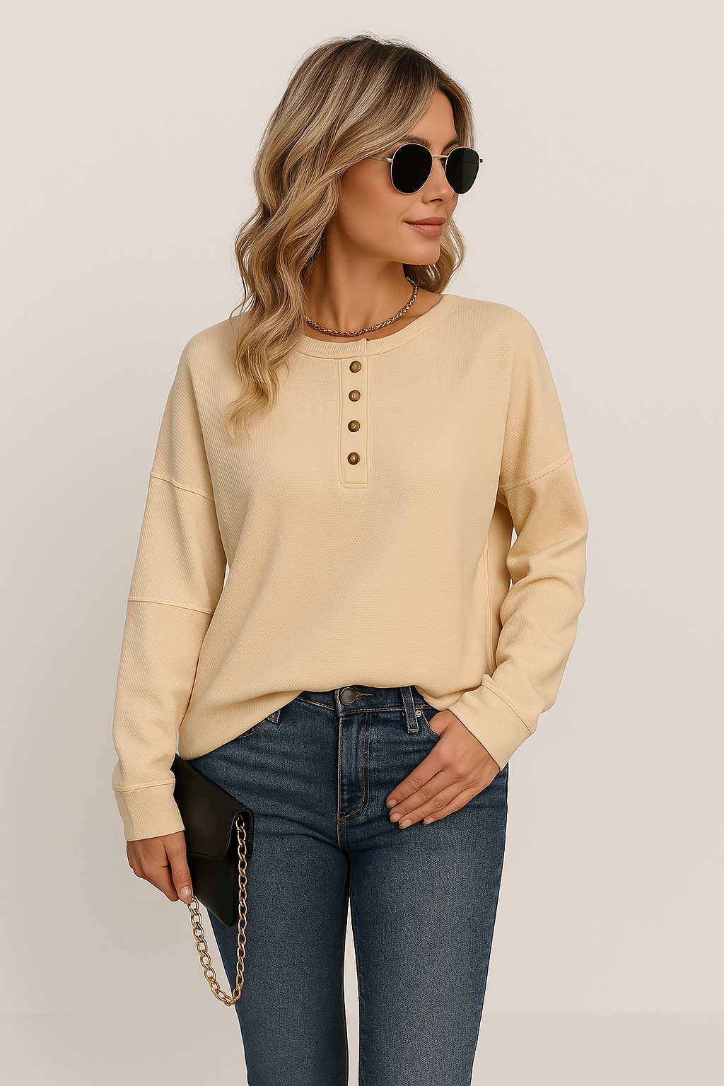 Alana | Women's Button-Down Waffle Knit Long Sleeve Top