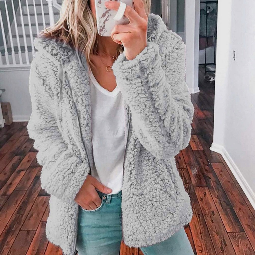 Alona | Women's Hooded Open Front Teddy Jacket