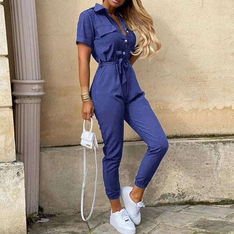 Liana | Lightweight Structured Fit Short Sleeve Jumpsuit with Button Closure