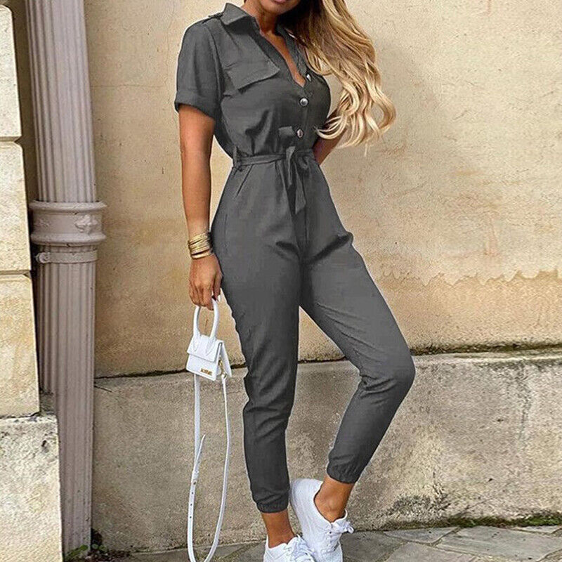 Liana | Lightweight Structured Fit Short Sleeve Jumpsuit with Button Closure