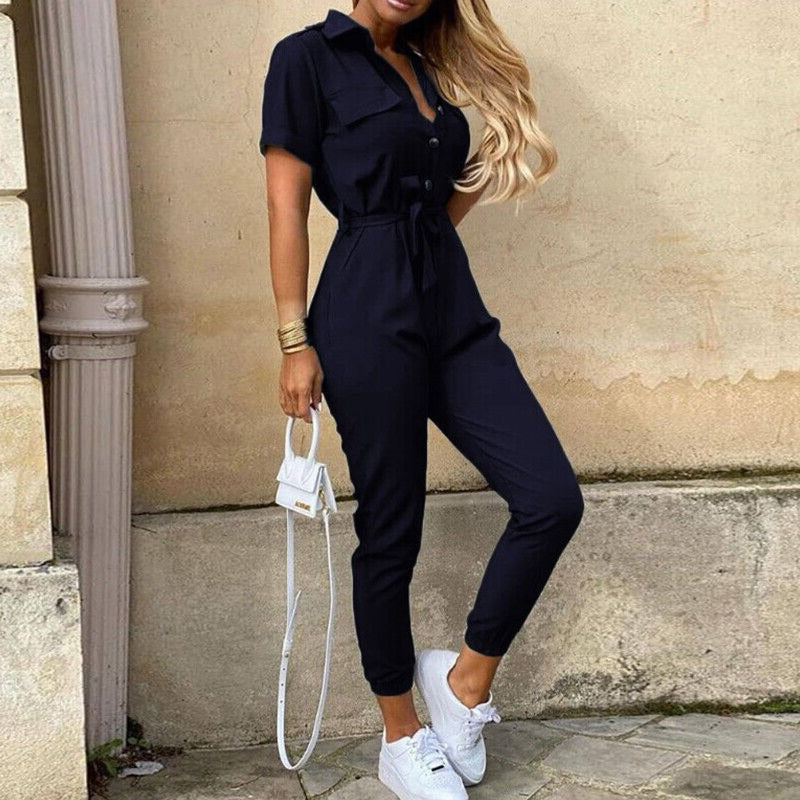 Liana | Lightweight Structured Fit Short Sleeve Jumpsuit with Button Closure