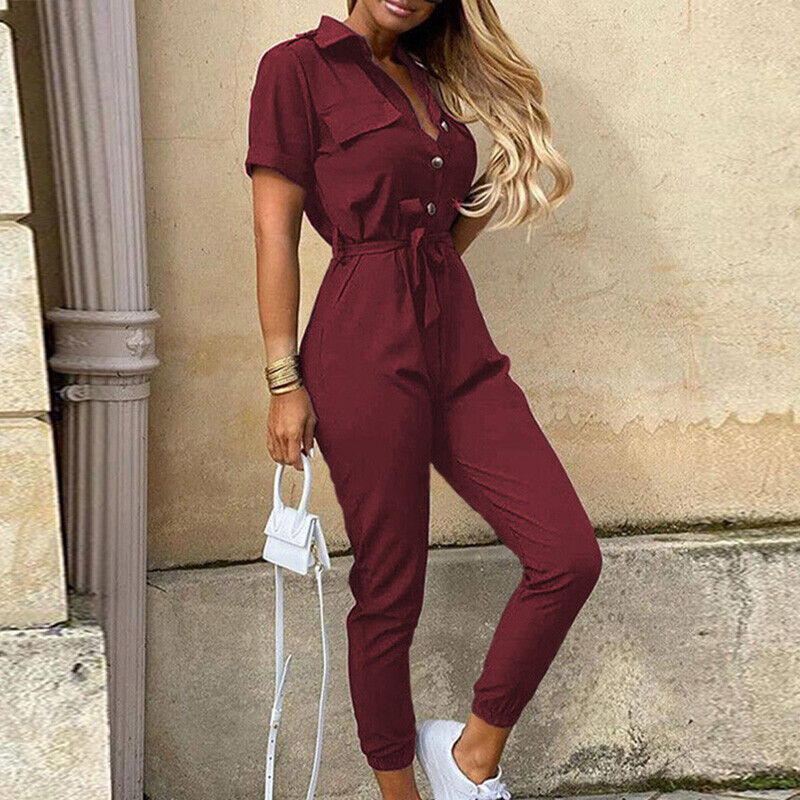 Liana | Lightweight Structured Fit Short Sleeve Jumpsuit with Button Closure