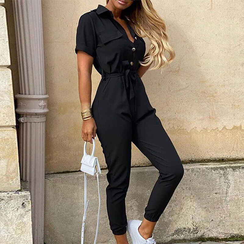 Liana | Lightweight Structured Fit Short Sleeve Jumpsuit with Button Closure