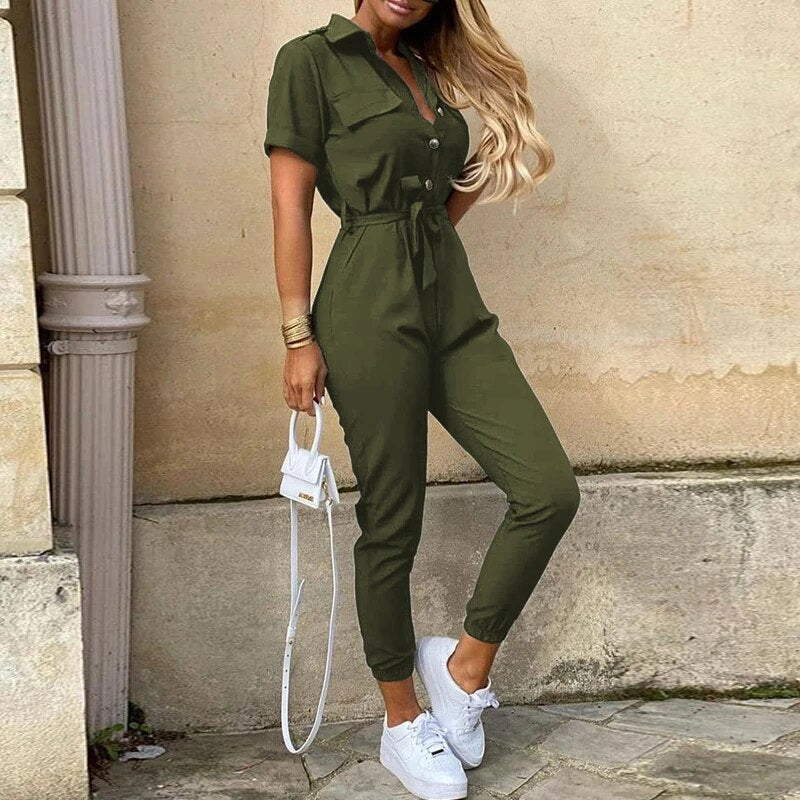 Liana | Lightweight Structured Fit Short Sleeve Jumpsuit with Button Closure