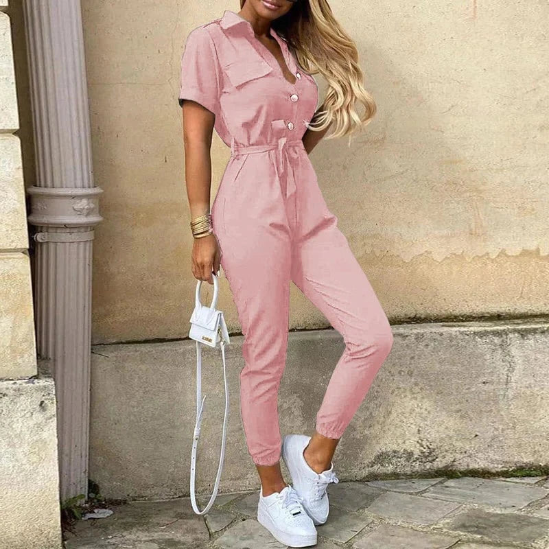 Liana | Lightweight Structured Fit Short Sleeve Jumpsuit with Button Closure