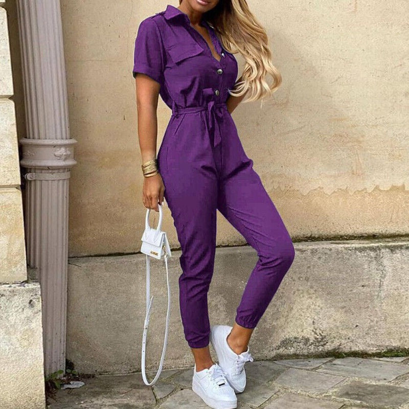 Liana | Lightweight Structured Fit Short Sleeve Jumpsuit with Button Closure