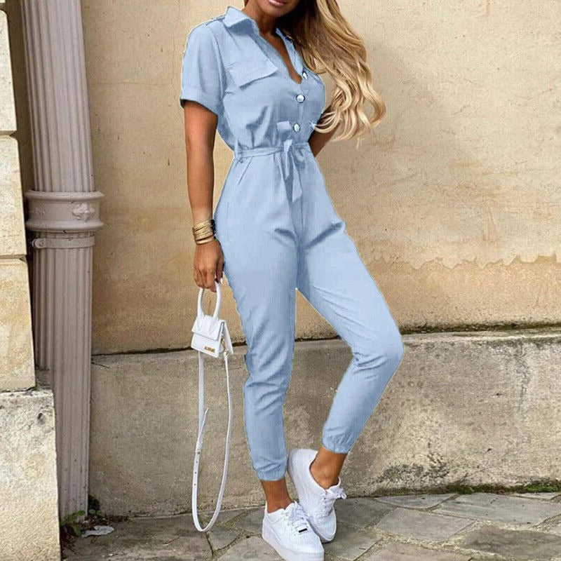 Liana | Lightweight Structured Fit Short Sleeve Jumpsuit with Button Closure