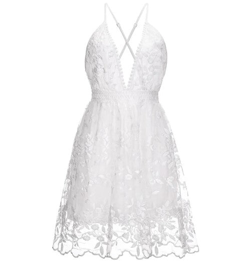 Joyce | Women's Elegant White Backless V-Neck Mini Summer Dress