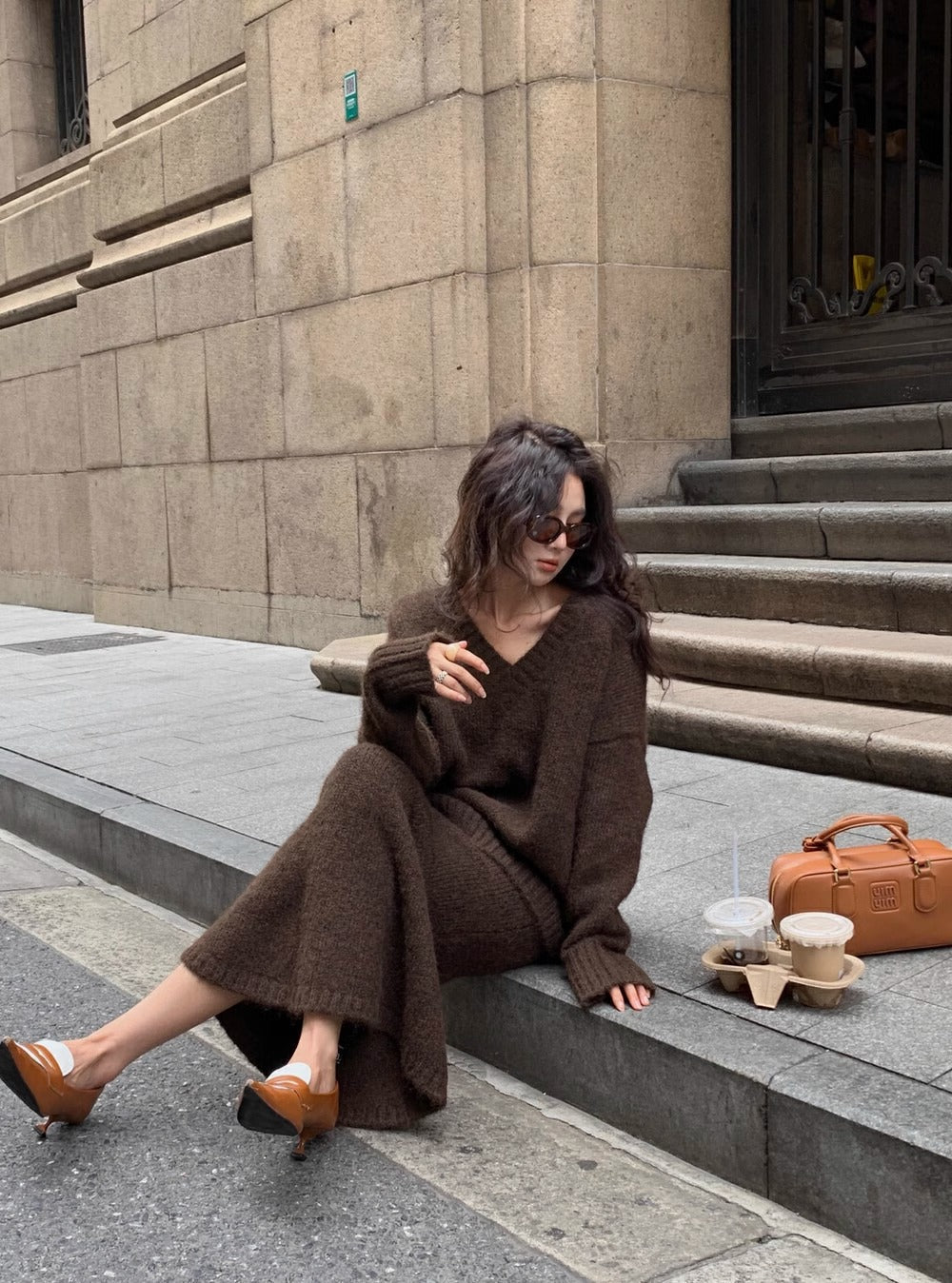 Amanda | Women's V-Neck Knit Sweater and Flare Midi Skirt Set