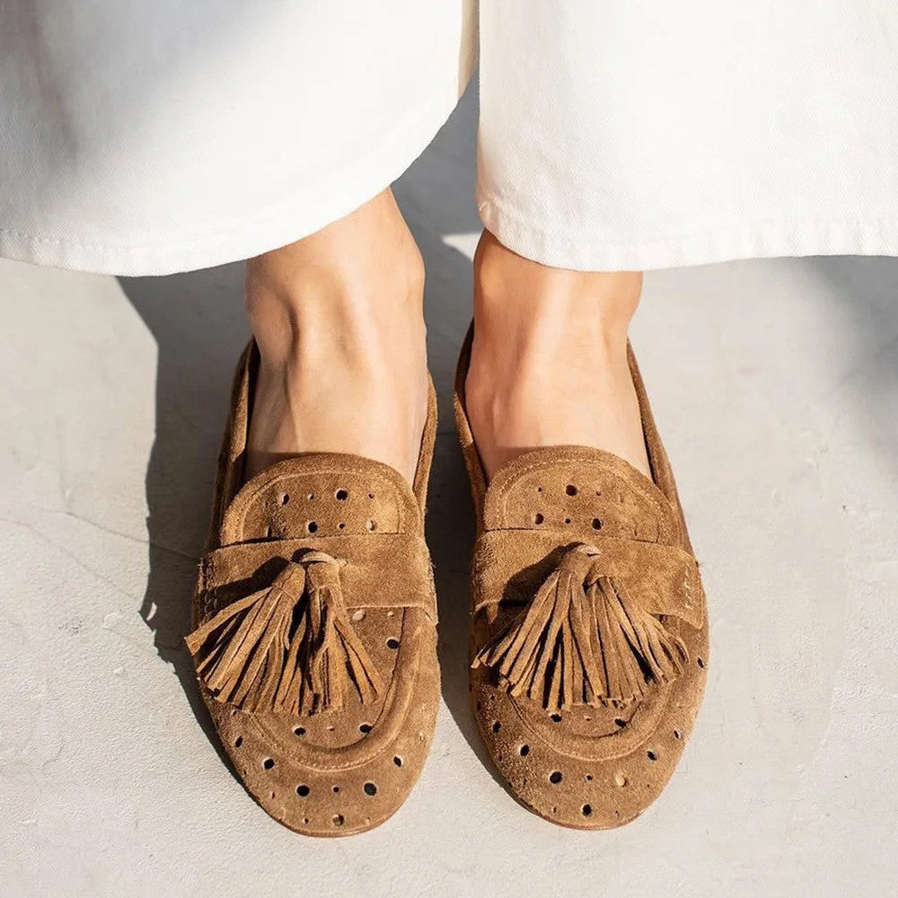Ermintrude | Perforated Suede Loafers with Elegant Tassel Detail