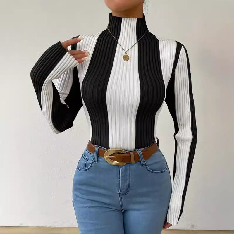 Alixe | Women's Striped Mock Neck Long Sleeve Sweater