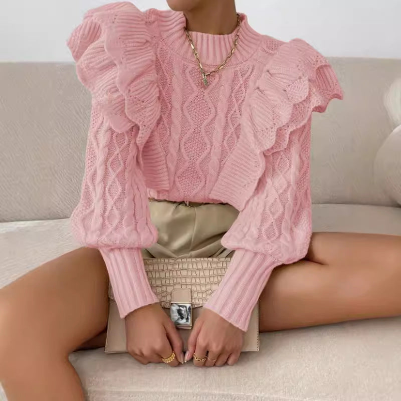 Alisa | Women's Ruffle Cable Knit Long Sleeve Sweater
