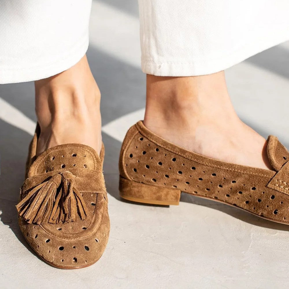 Ermintrude | Perforated Suede Loafers with Elegant Tassel Detail