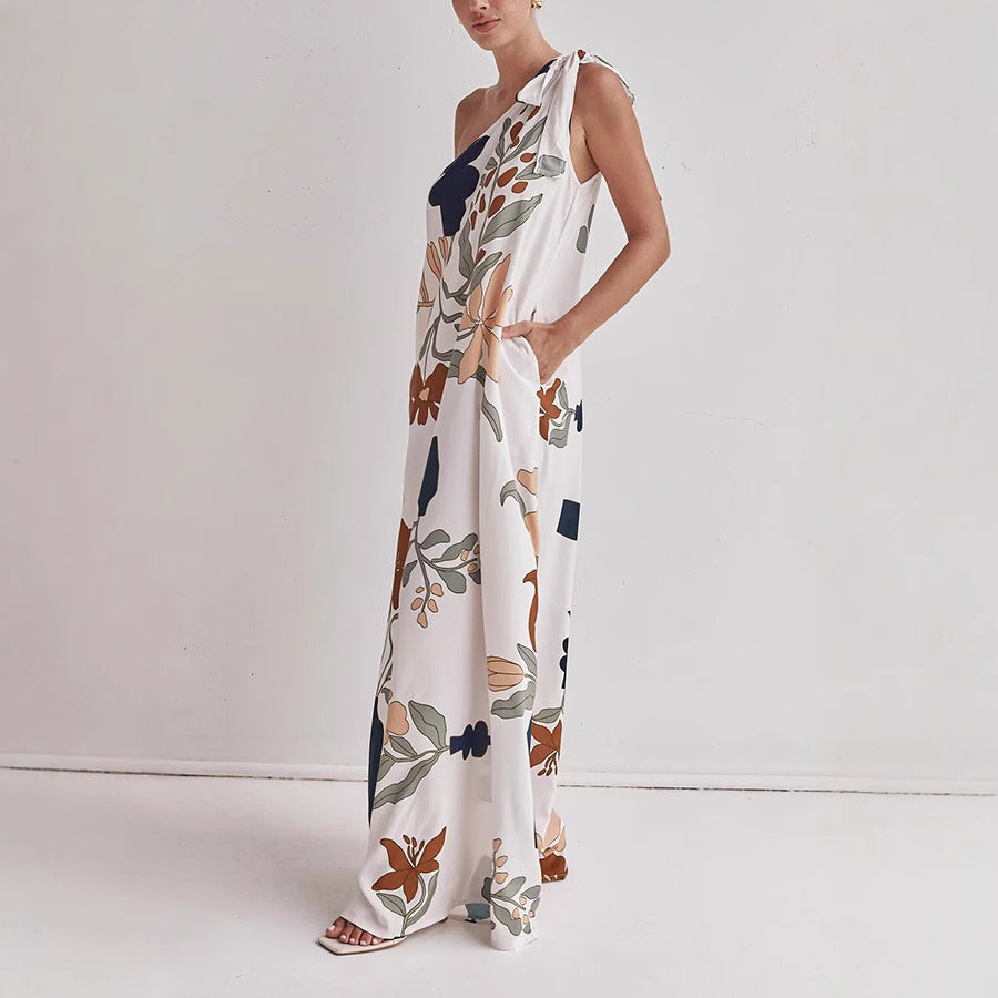Hilary | Flowy Cotton One-Shoulder Dress – Loose Fit – Bold Print