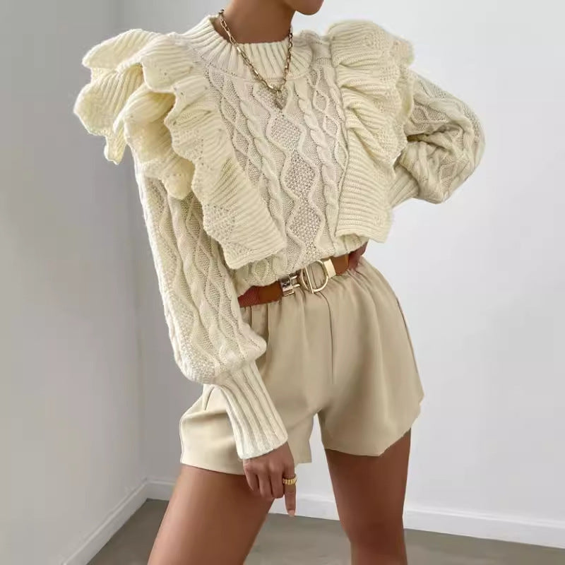 Alisa | Women's Ruffle Cable Knit Long Sleeve Sweater