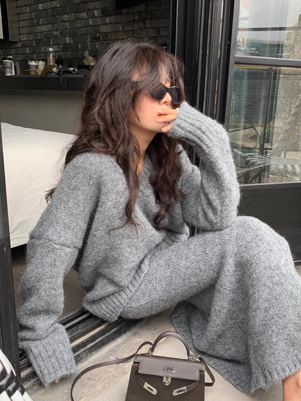 Amanda | Women's V-Neck Knit Sweater and Flare Midi Skirt Set