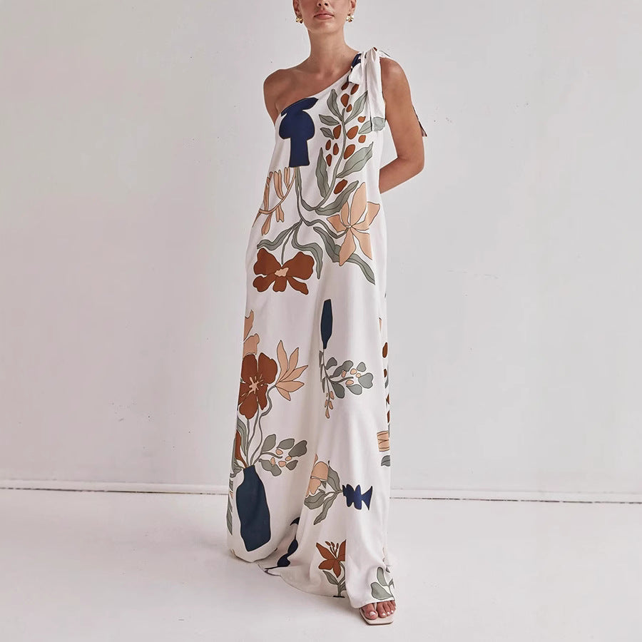 Hilary | Flowy Cotton One-Shoulder Dress – Loose Fit – Bold Print
