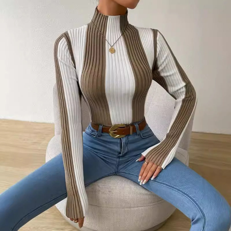 Alixe | Women's Striped Mock Neck Long Sleeve Sweater