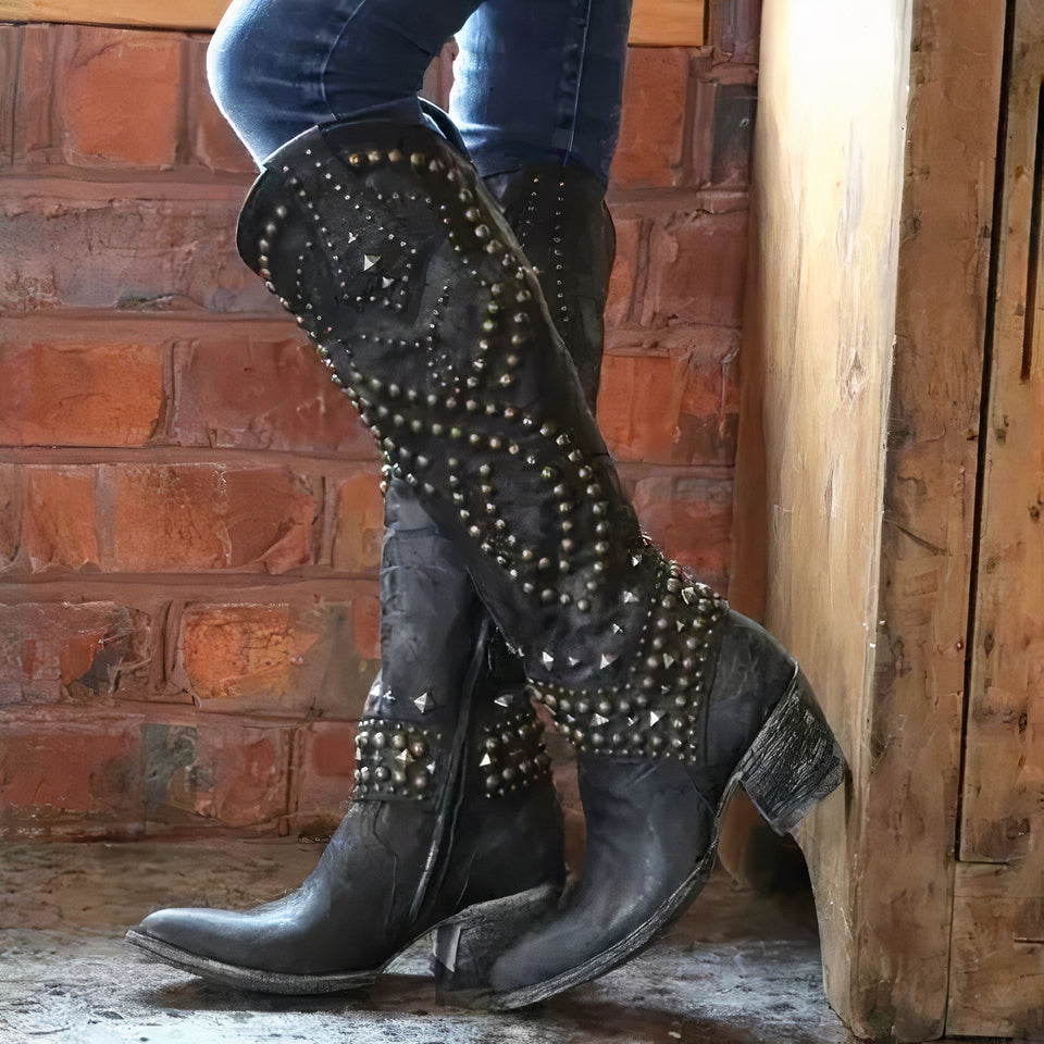 Eglantine | Edgy High Boots – Distressed Faux Leather – Rivet Detail – Thick Heel – Side Zipper