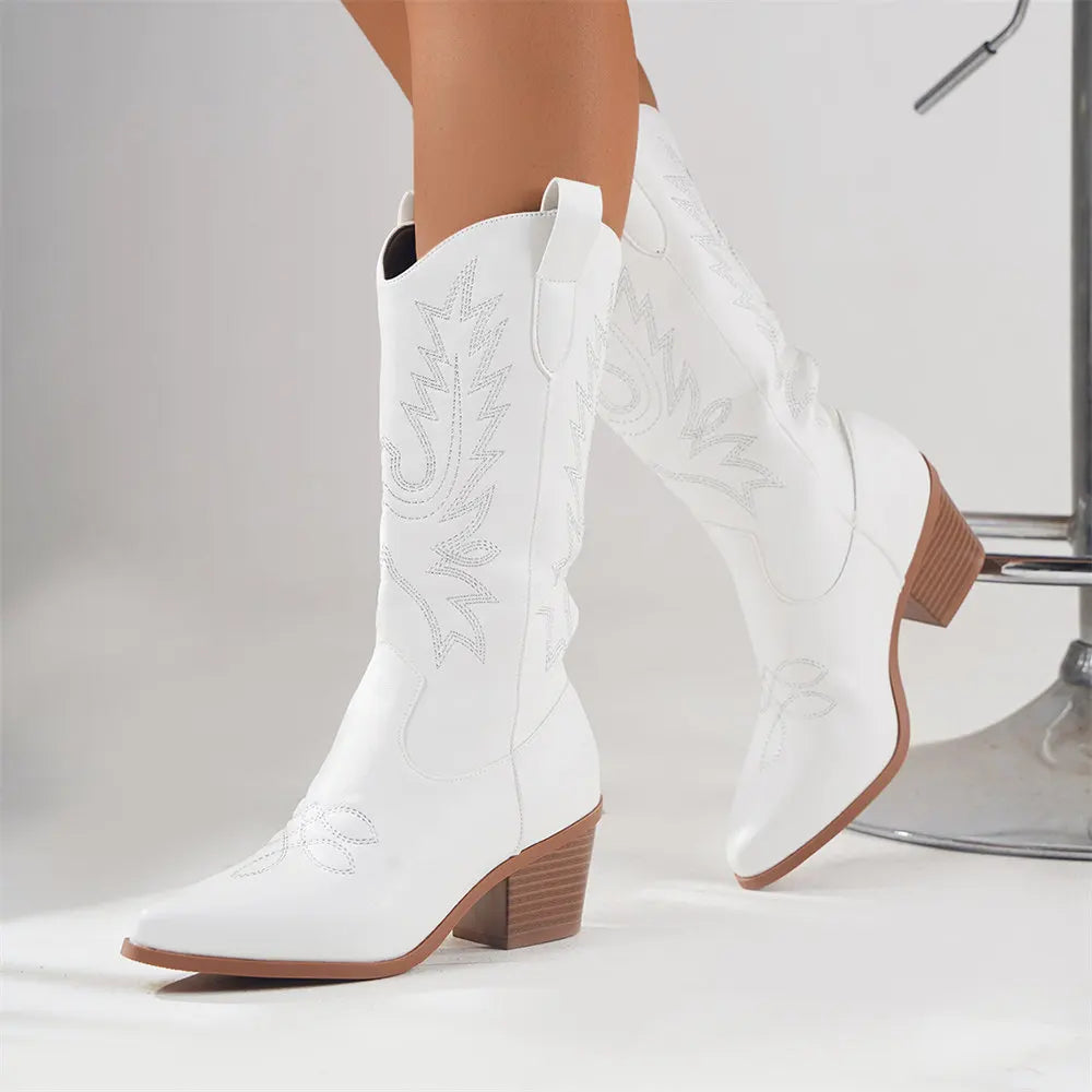 Ayla | Women's Embroidered Mid-Calf Block Heel Cowboy Boots