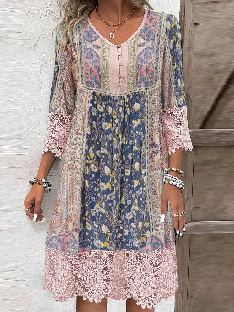 Iona | Lace-Trimmed Floral Midi Dress with V-Neck