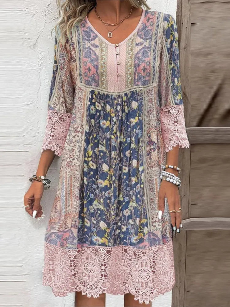 Iona | Lace-Trimmed Floral Midi Dress with V-Neck