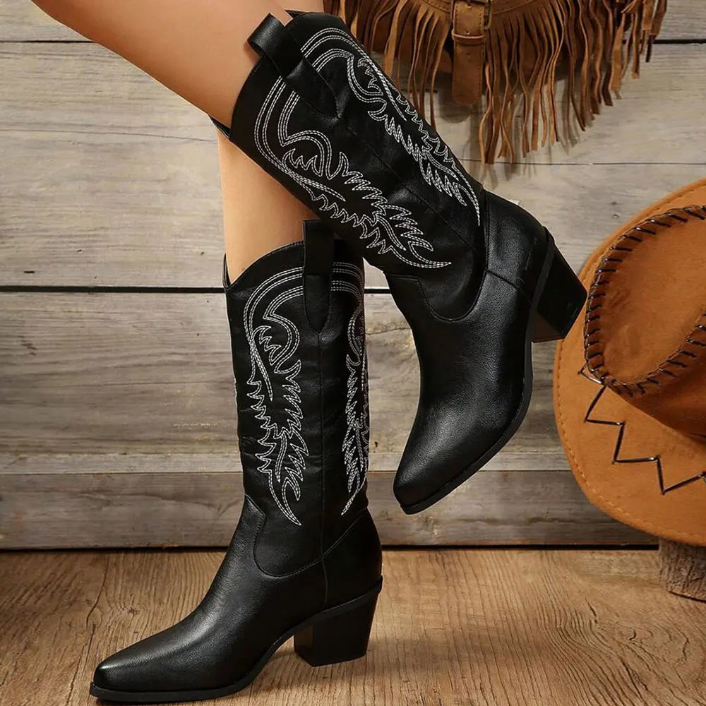 Ayla | Women's Embroidered Mid-Calf Block Heel Cowboy Boots