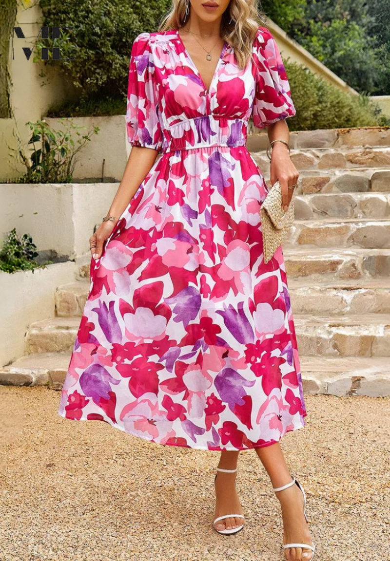 Penny | Elegant Floral Midi Dress with Puff Sleeves