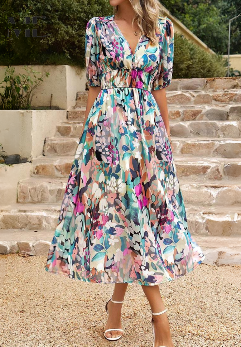 Penny | Elegant Floral Midi Dress with Puff Sleeves